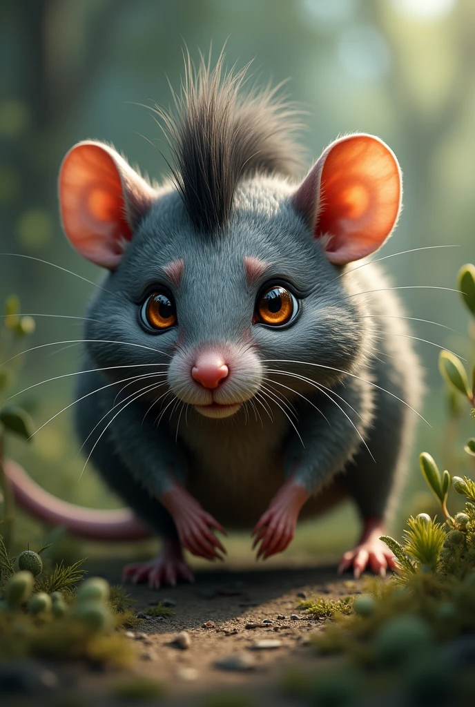 A feral looking wild gray  mouse with mullet haircut the front of the haircut is short and straight with the back of hair almost reaching the ground 