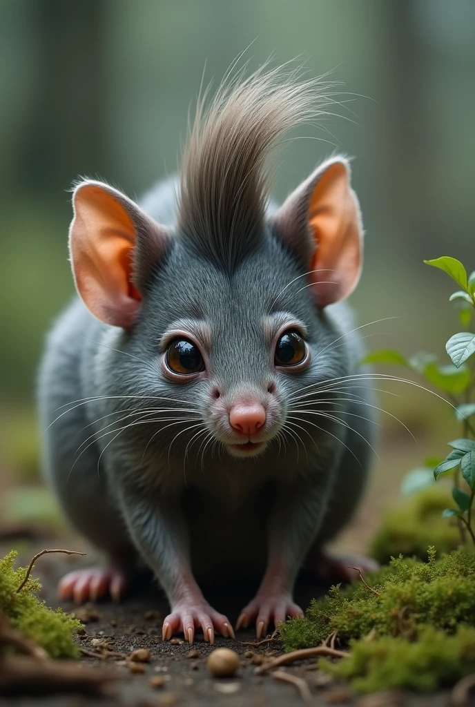 A feral looking wild gray mouse with mullet haircut the front of the haircut is short and straight with the back of hair almost reaching the ground