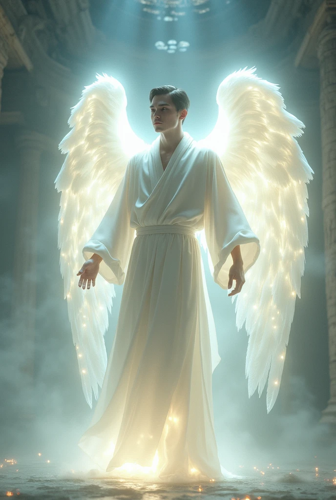 angel man, with white robes and his body covered in brightness and lots of light 