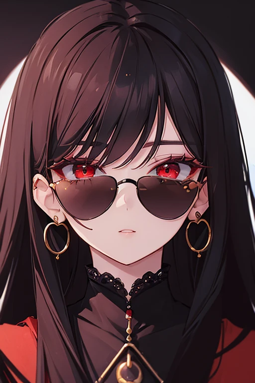 (Portraits:1.4), (masterpiece:1.2, best quality:1.2),a woman with glasses and a red eye is looking at the camera, high quality artstyle, style portrait, style character face focus, extremely detailed face, extremely detailed eyes, good-looking, make up, finger on lips, sunglasses, fashion wear, earrings,