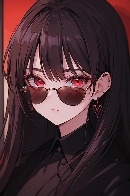 (Portraits:1.4), (masterpiece:1.2, best quality:1.2),a woman with glasses and a red eye is looking at the camera, high quality artstyle, style portrait, style character face focus, extremely detailed face, extremely detailed eyes, good-looking, make up, finger on lips, sunglasses, fashion wear, earrings,