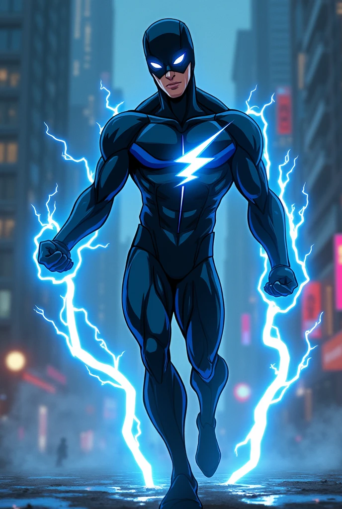 Make me a superhero whose suit is black with blue details, with super speed with lightning details on his hands and feet with a lightning emblem on his chest, with mask and everything in an animated version that is not muscular