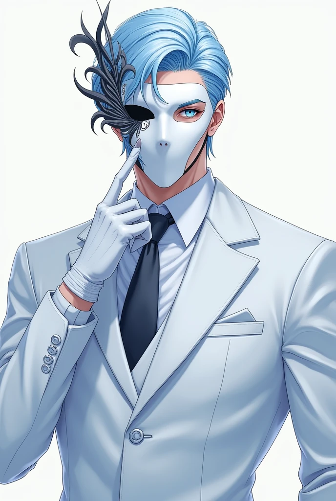 ((master part:1.2, best quality)), 4k, 1 man, anime style, Handsome, short blue hair, forehead, white suit, baby blue tie, portrait, white mascarade mask covering his whole face, black swirling details on on the left side of the mask, defined body, light blue eyes, white hair, white gloves (Muscle:1.4, broad shoulders:1.4, disciplined body)