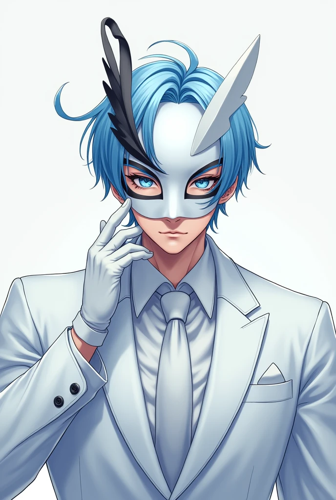 ((master part:1.2, best quality)), 4k, 1 man, anime style, Handsome, short  blue hair, forehead, white suit, baby blue tie, portrait, white mascarade mask covering his whole face, black swirling details on on the left side of the mask, defined body, light blue eyes, white hair, white gloves (Muscle:1.4, broad shoulders:1.4, disciplined body)