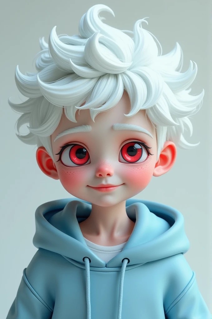 A boy with white hair, red eyes and a pair of ice blue chires with a cute smile wearing a light blue hoodie