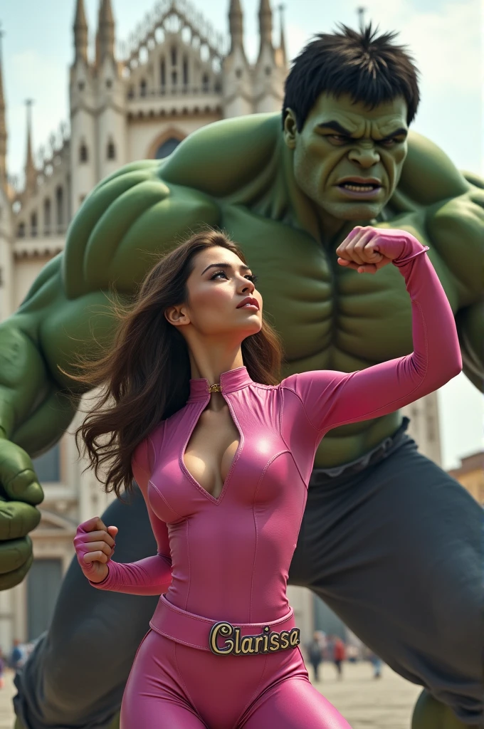 Ragazza con costume rosa con la scritta "Clarissa" sulla cintura con capelli marroni ed occhi marroni che lotta con Hulk. Realistico, hdr. Background piazza duomo milano