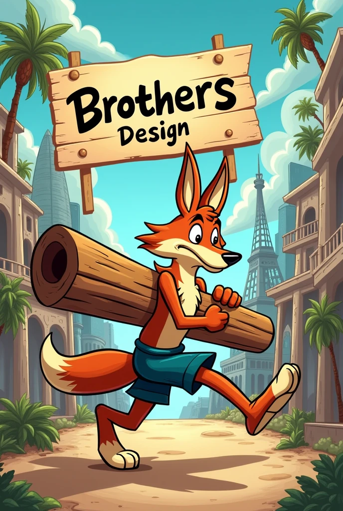 Cartoon coyote running and holding a large piece of wood, around the world, uma placa grande escrita Brothers's Design