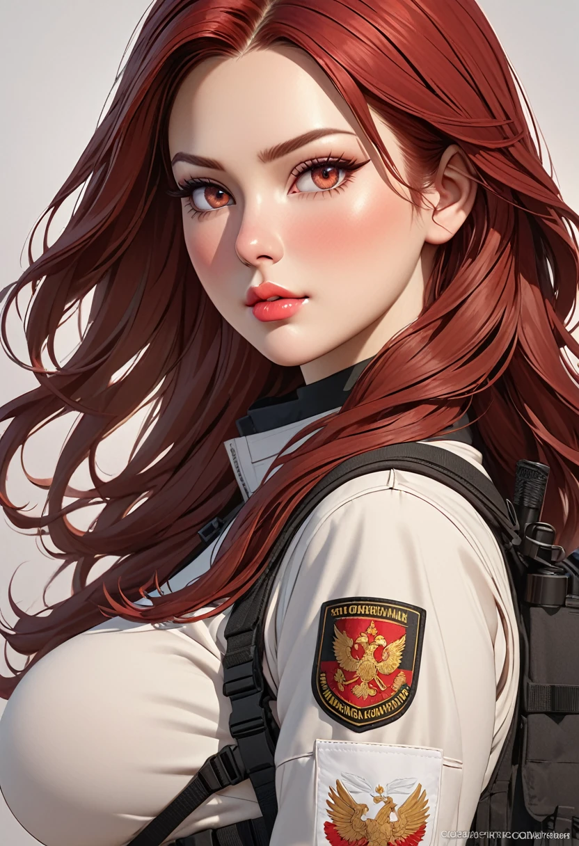 ((best quality)), ((artwork)), ((extremely detailed face)), ((perfect lighting)), ((extremely detailed CG)), ((perfect hands, perfect anatomy)) Appearance= Tall, slender, voluptuous figure, large bust, narrow waist, curvaceous butt, pale skintone, russian features, beauty mark under right lips, plump lip; hazel eyes; long straight maroon-red hair
Personality= Determined, strong-willed
Occupation= Sniper
 Clothing= Black tactical combat uniform.]