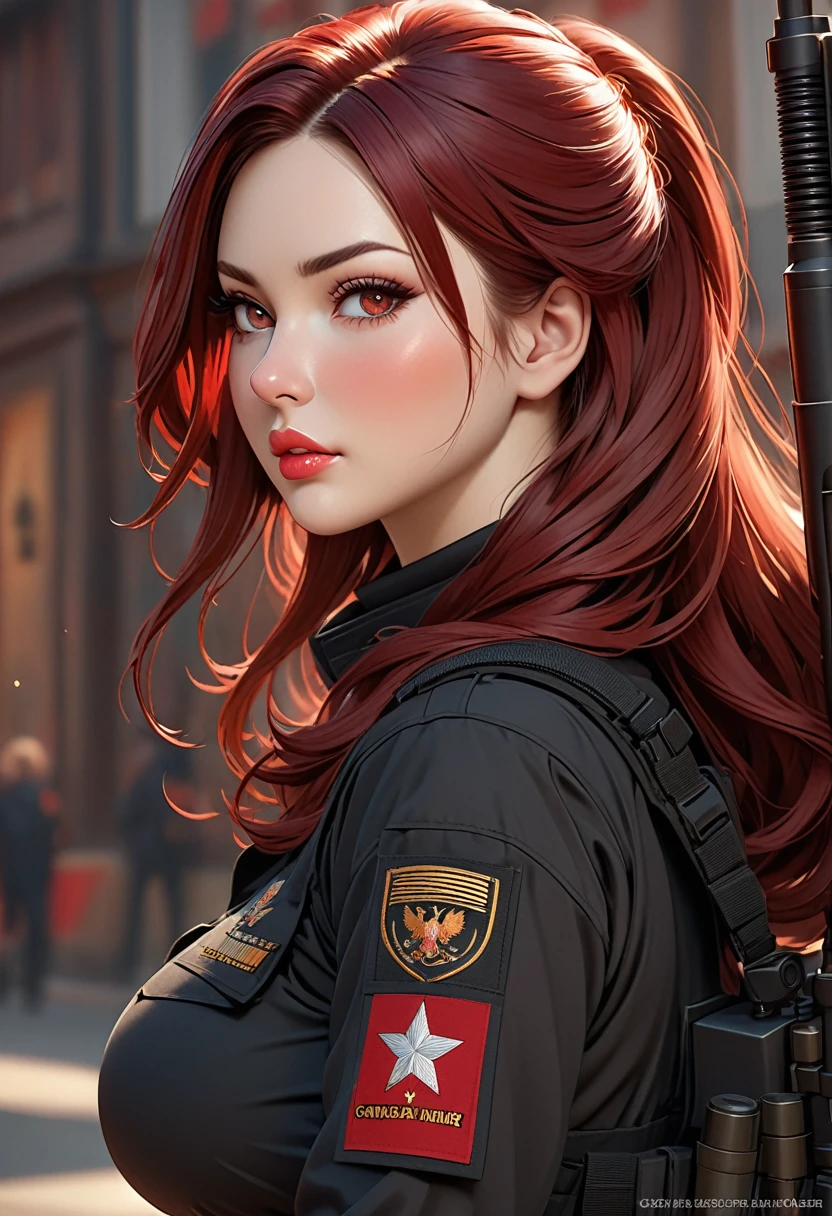 ((best quality)), ((artwork)), ((extremely detailed face)), ((perfect lighting)), ((extremely detailed CG)), ((perfect hands, perfect anatomy)) Appearance= Tall, busty, athletic, toned, pale, russian features, beauty mark under right lips, plump lip; hazel eyes; long straight maroon-red hair
Personality= Determined, strong-willed
Occupation= Sniper
 Clothing= Black tactical combat uniform.]