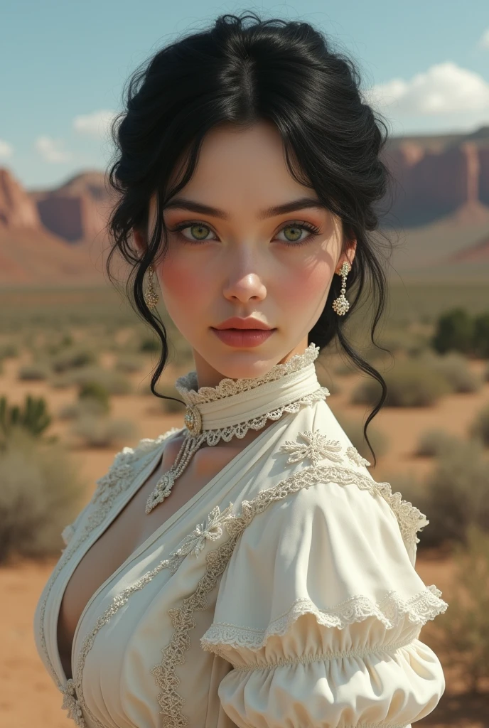 1875, southern lady, black hair, green eyes, feminine dress, wild west, wears her hair tied up, white victorian dress