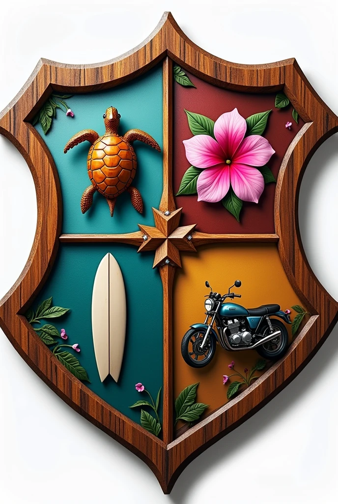 A four-section shield, that contain: A turtle, a surfboard, a pink Hawaiian flower and a motorcycle, that the shield has the shape of the Hogwarts shield and that the frame is made of wood