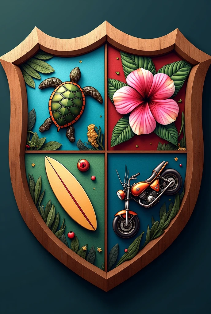 A four-section shield, that contain: A turtle, a surfboard, a pink Hawaiian flower and a motorcycle, that the shield has the shape of the Hogwarts shield and that the frame is made of wood