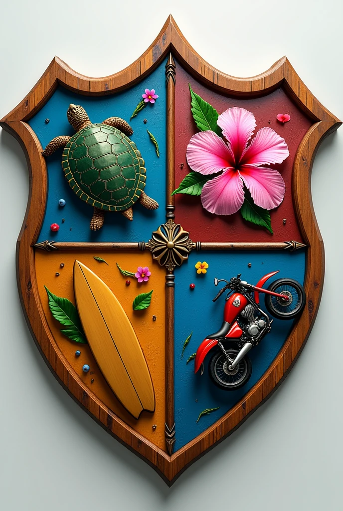 A four-section shield, that contain: A turtle, a surfboard, a pink Hawaiian flower and a motorcycle, that the shield has the shape of the Hogwarts shield and that the frame is made of wood