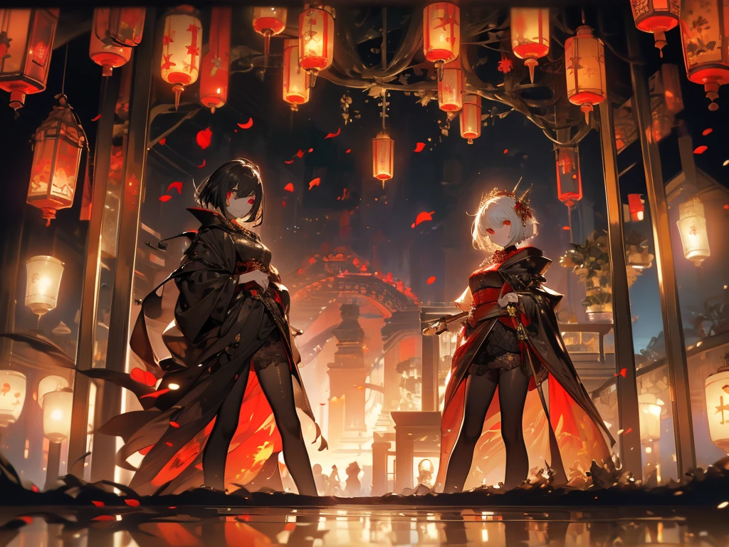 ((masterpiece, best quality)), Epic battlefield atmosphere，Ashes Paradise，Magician，A display of fireworks and a sea of lanterns，Gold coat，Flame Surround，spark，Petals falling，A meticulous face，Standing image，Perfect body proportions，Long legs，Stylish short hair，Beautiful red eyes，Fantasy style，White background，transparent，Sexy，Lace，Pantyhose