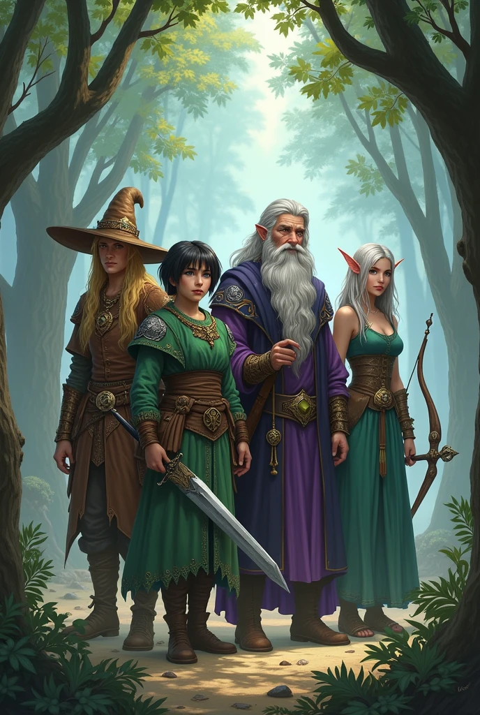 Use the description to make the images with the same characters:
Valenar, The bard:
Valenar is a young bard with long golden hair and piercing blue eyes.. He wears an emerald green tunic with silver accents and a wide-brimmed hat adorned with peacock feathers.. He carries with him a magical lute and an ancient book of songs..
Elara, The warrior:
Elara is a fearless warrior with short black hair and intense green eyes.. She wears sturdy brown leather armor and wields a two-handed sword with a sharp blade.. He has a scar on his face that shows his courage in battle..
Azrael, The Wizard:
Azrael is a wise and mysterious sorcerer, with gray hair and a long white beard. He wears a purple robe adorned with arcane symbols and carries a staff carved with ancient runes.. Your eyes shine with ancient wisdom.
Lirael, the Elf:
Lirael is a graceful elf with silver hair and violet eyes.. She wears an emerald green dress with gold details and holds an elven bow made of elven wood.. Your skin is pale and your expression is always serene.
Personagens: Valenar, Elara, Azrael Description: Valenar, Elara and Azrael are standing in a magical clearing, surrounded by ancient trees and illuminated by a soft light. They prepare to embark on a dangerous journey in search of a legendary artifact..