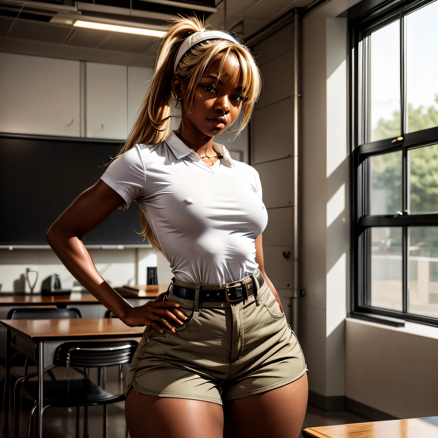 1 girl, solo, high quality, ebony girl, blond hair high resolution, volumetric lighting, 8k, beautiful woman, (dark skin), college student, 's uniform, (big-ass), small breasts, (white dress shirt), (khaki cotton shorts:1.2), belt, Wavy hair, pony tail, bangs, headband, hoop earnings, class room, pose sexy, seductively pose, cowboy shot, ((slim thick body:1.1))
