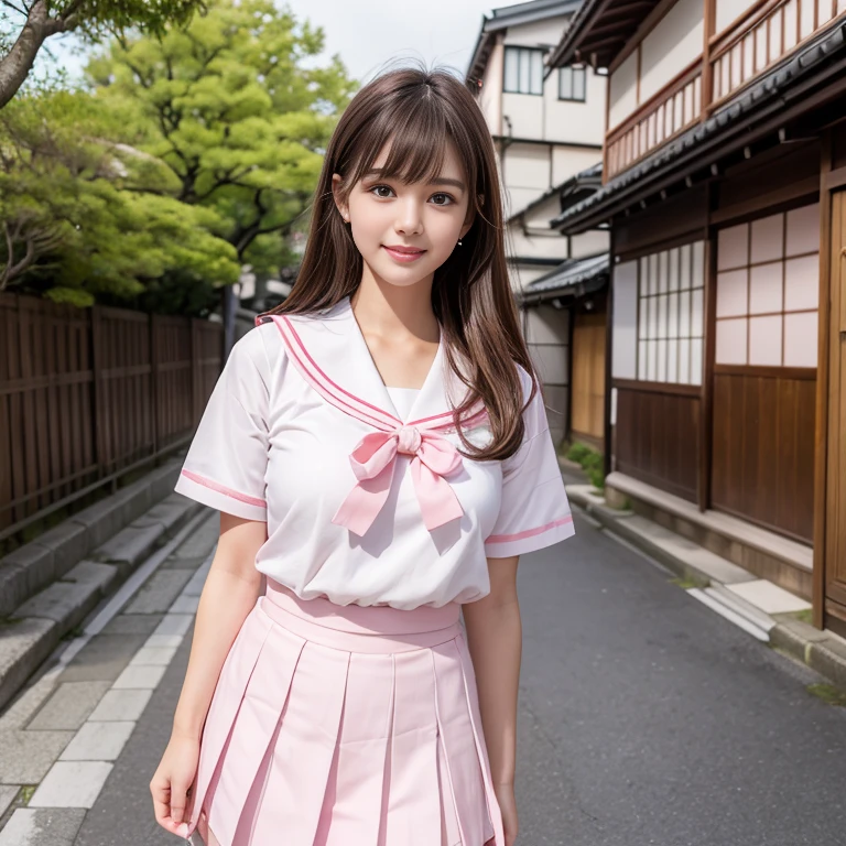 laughing out loud，pink collar, Wear Kitauji High School uniform, White sailor suit, Pink pleated skirt, Sailor suit with pink collar on white background, White clothes, (knee shot), 1 girl, On the face, light brown hair, blunt bangs, hair behind ears, Hair over the shoulders, long hair, Slender body type, Super thin face, face slimming, delicate lips, beautiful eyes, Thin blush, Eyes are light brown,Check it out here, (realistic:1.3), Standing next to a street in Kyoto, Japan, 8k, , Super detailed, high quality, best quality, High resolution, ，Large Breasts，H CUP, 3, 