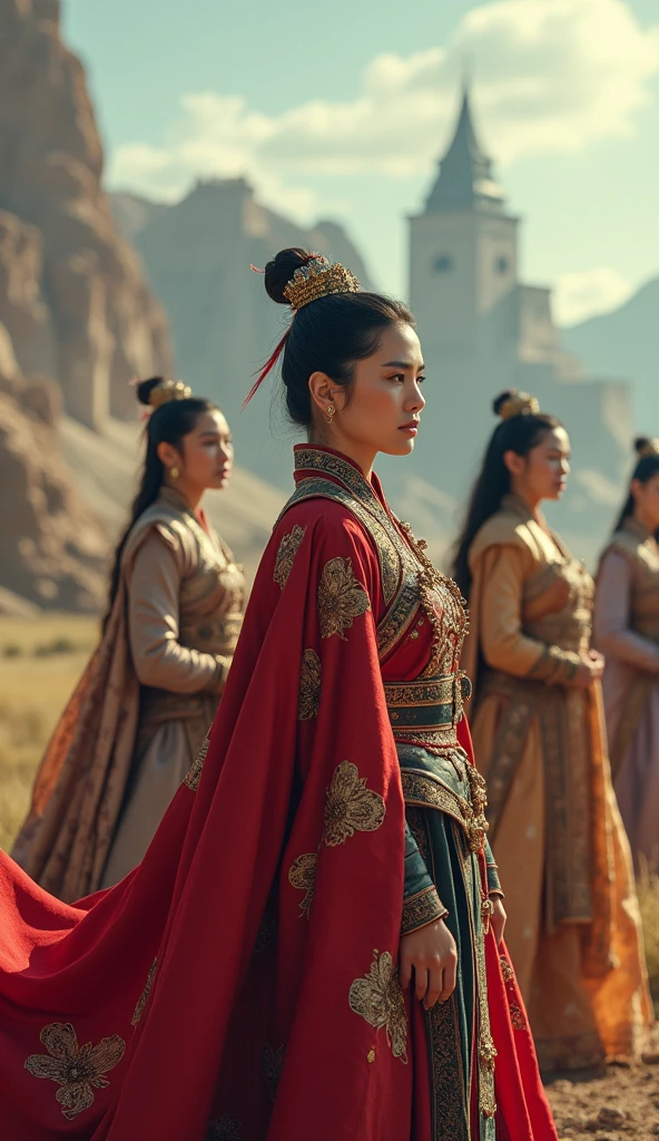 **Photo Scene Prompt for SeaArt.AI Captured with a Canon EOS 5D Mark IV: Genghis Khan’s Daughters in Different Kingdoms**
*Scene Setup:* The image is a montage showcasing Genghis Khan’s daughters, each portrayed as the ruler of a different kingdom. The montage seamlessly blends distinct landscapes and architectural styles, representing the diversity of the regions under their control. Each daughter is positioned in the foreground of her respective kingdom, symbolizing her authority and influence.
*Lens and Focus Settings:* Captured with a Canon EOS 5D Mark IV using a 24-70mm f/2.8 lens, the montage includes a series of medium shots that focus on the daughters while capturing the essence of the varying backgrounds. The diverse landscapes, from desert fortresses to lush valleys and coastal cities, are slightly blurred to maintain the focus on the daughters, yet detailed enough to highlight the uniqueness of each kingdom.
*Lighting and Mood:* The lighting varies across the montage, reflecting the different environments. One daughter is lit by the warm, golden hues of a setting sun over a desert, another by the soft, diffused light of a misty forest, and another by the bright, clear light of a coastal kingdom. The mood across the scenes is unified by a sense of regality and command, with each daughter exuding authority.
*Character and Background Details:* Each daughter is dressed in attire befitting her kingdom, incorporating local cultural elements with traditional Mongol influence. The Canon EOS 5D Mark IV captures the fine details of their clothing, from embroidered robes to intricately designed crowns or headdresses. The architectural styles in the background vary, including desert palaces, mountain fortresses, and coastal citadels, each symbolizing the vast reach of the Mongol Empire.
*Final Touches:* The color palette is rich and diverse, with each kingdom represented by distinct colors and tones that reflect their unique environments. The final image conveys