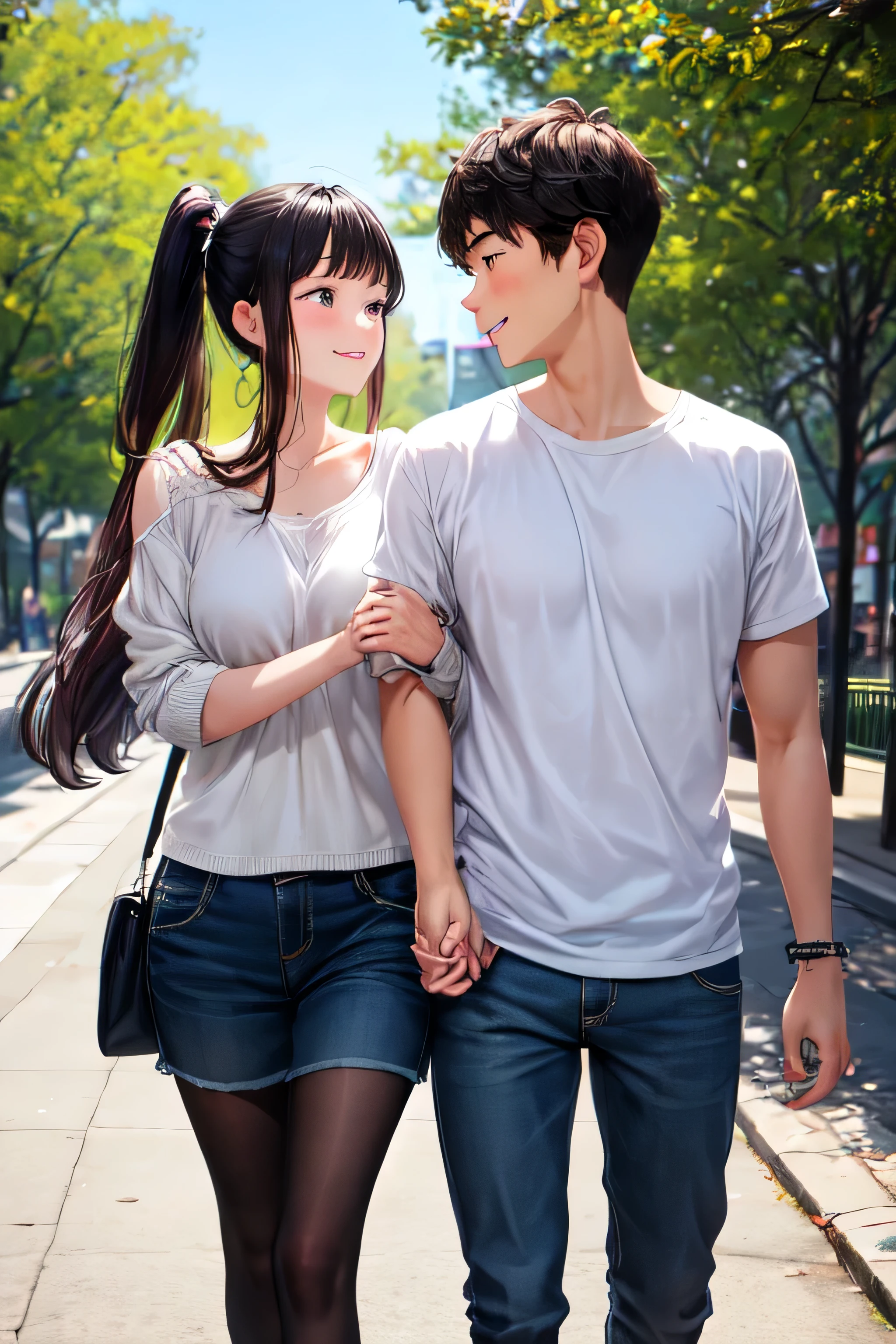 Couple holding hands: A couple of students hold hands on a street or in a park, Expressing attachment and love forever.