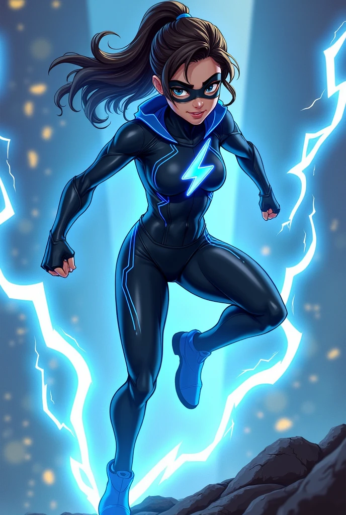 Make me a superhero whose suit is black with blue details, with super speed with lightning details on his hands and feet with a lightning emblem on his chest, with a mask and everything in an animated version that is not muscular so that you can see his hair