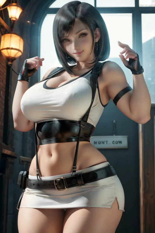 Figure, Tifa, sexy pose, big breasts, curvy, smile, bob haircut, white t-shirt, black miniskirt, suspenders
