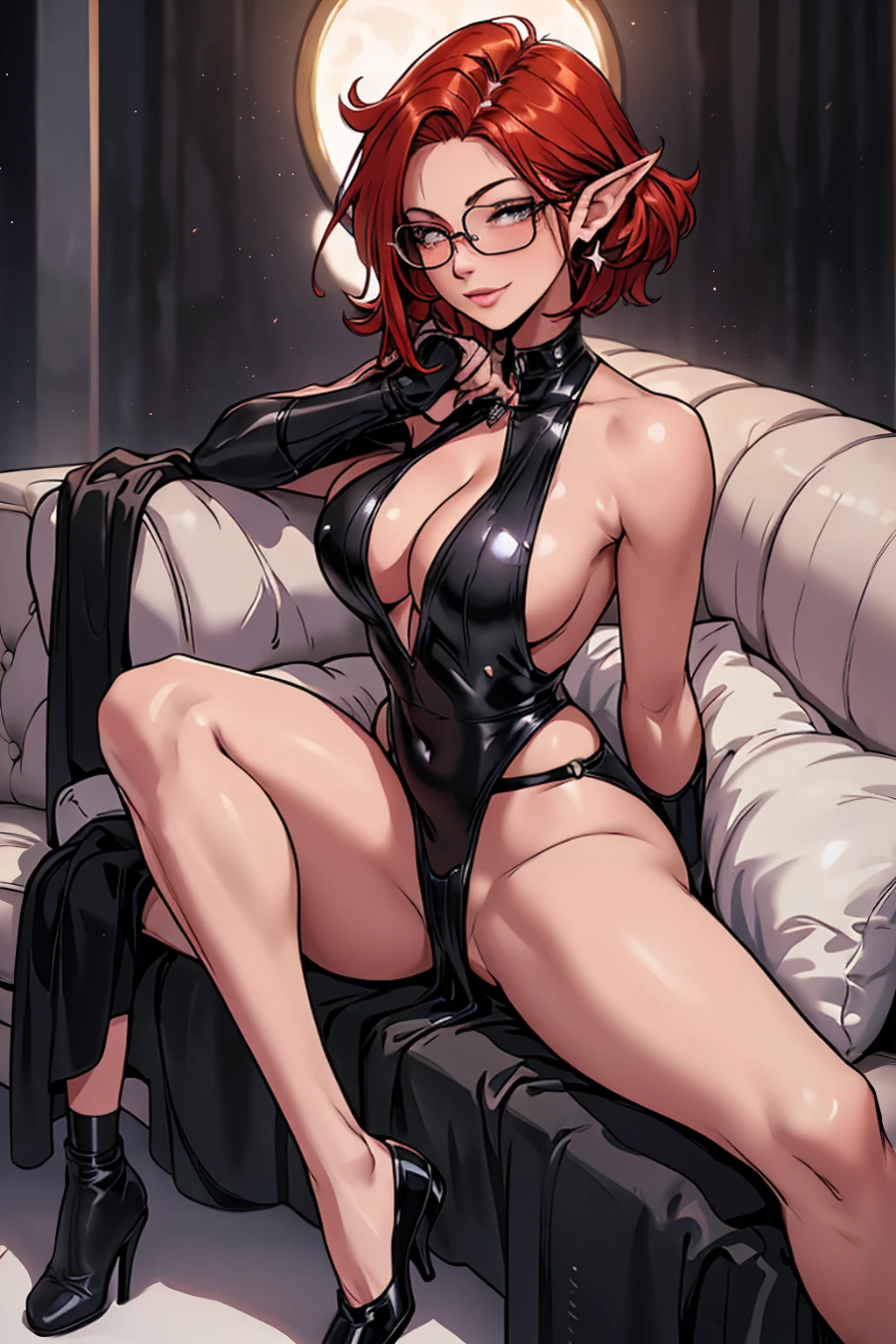1girl, beautiful elf woman, ((Short Red Hair, Straight, has shine)) Blue eyes, double eyelids, light effect on eyes, detailed irises, beautiful curvy body, glasses, Shoulderless black evening gown with a long flowing skirt, black lace thong, black high heels, ((Work of art, hyper-realistic, hyper detailed, Best Quality, 16k, light and shadow on skin, vivid colors)) ((leaning back on leather couch in dimly lit room)), ((Hands cupping breasts)) Lustful Expression, perfect lips, sexy mature face, flirting with viewer, lots of freckles all over body, full pouty lips, extreme blush, sensual smile, night time, moonlit sky, ((Front View)), ((Full body shot)), breasts are covered, Lustful smile at viewer