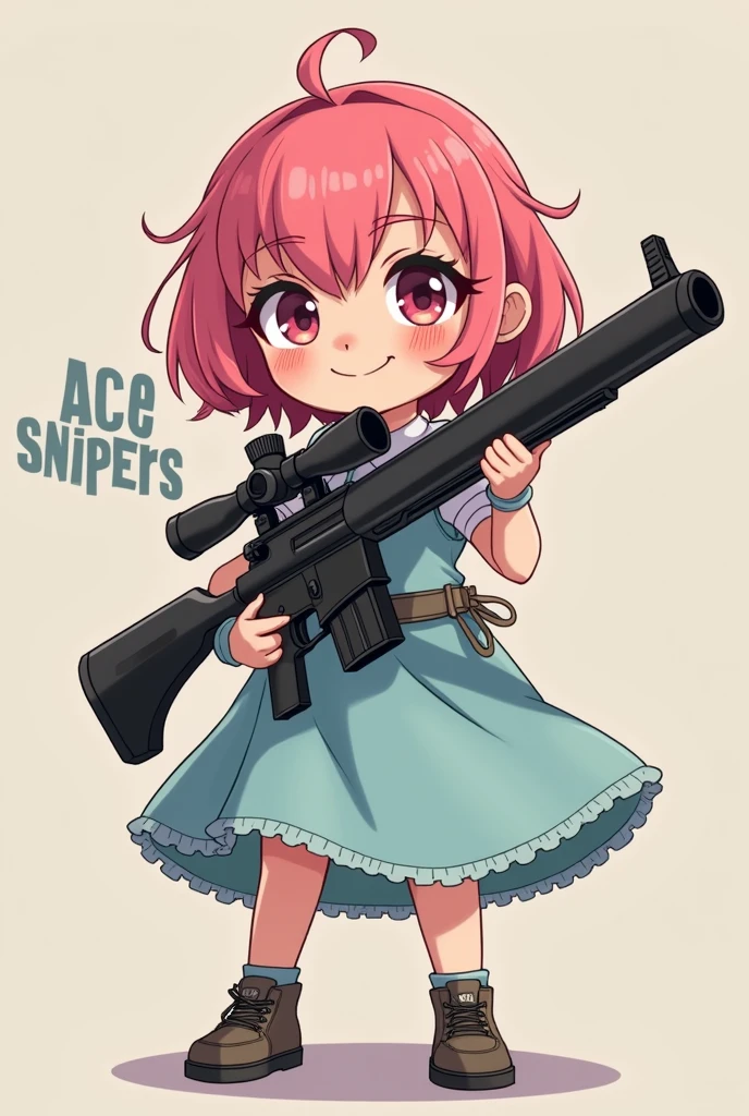 cute smiling girl with pink hair and baby blue dress with scar on left eye and small skull tattoo, holding a sniper rifle her size, and the words "Ace Snipers" written in front of her.