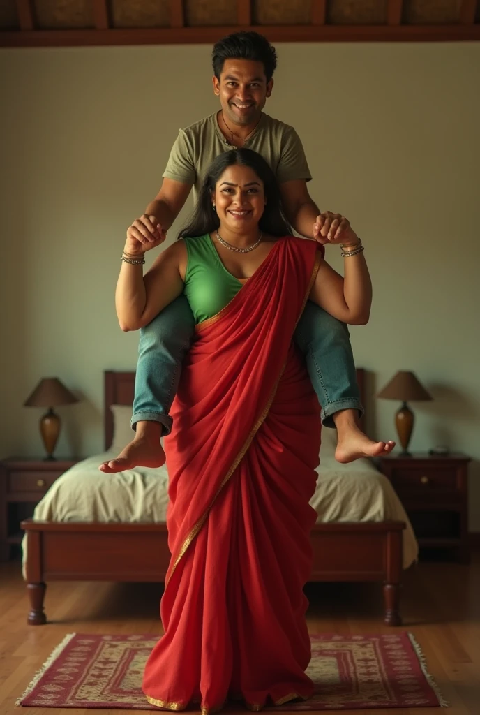 Beautiful and Slim Indian woman Aishwarya Rai in green blouse red saree lifting a large chubby man above her shoulders, man is sitting on woman's shoulders, in a bedroom with high ceiling, natural smile, full body image