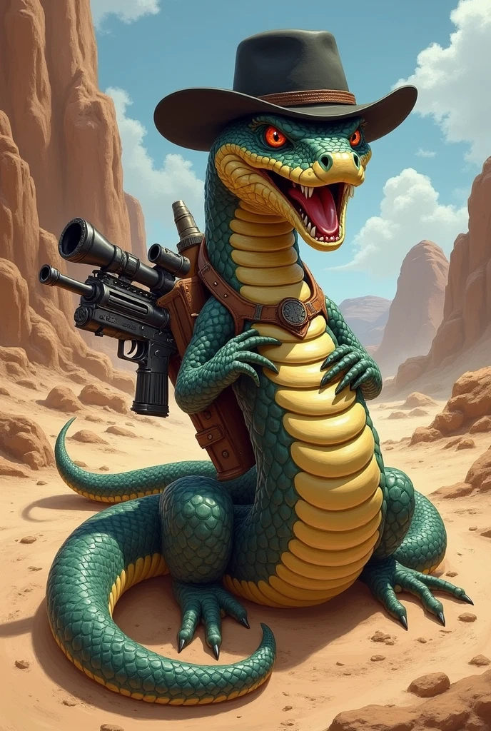 A Rattlesnake wearing a black hat, wrapped in ammunition holsters, and at the tip of the tail where the rattle would be there is a minigun attached to it as part of the tail. Use Jake Rattlesnake from the animation Rango as a reference. I would like the art in a fantasy RPG style, in the old west.