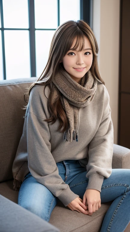 Bell, anime, Brown Hair, Medium chest, Brown eyes, A light smile, jeans, scarf, Grey sweatshirt, Blue pants, Sitting, Sitting cross-legged, Inside the smart home, Sitting on the couch, Shino Asada's Face, anime Sword Art Online, Highest quality、Tokyo Skytree、appear