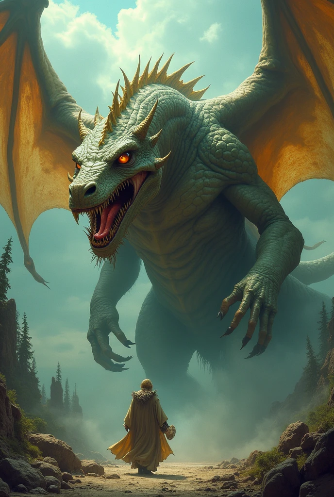 Make me a very ugly, very bad dragon, very high, that he has golden wings and is a very good person but that his appearance is the worst and is very giant, a dragon that is more drug-addicted and fantasy-like