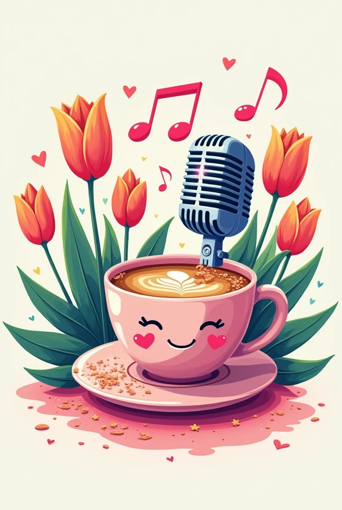A logo with a microphone and musical notes in bright pastel colors and a cup of hot coffee with little heart eyes and glitter and tulips in the background 