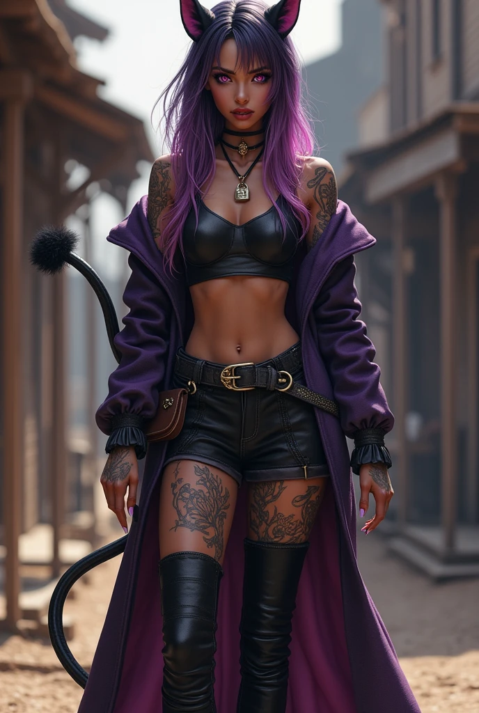 I would like a woman with bronze skin, dark purple Fade hair, pink eyes, and a padlock necklace. She has small animal ears on her head, a demon tail on her back, pointed teeth, and tattoos on her arms. She wears a small purple and black coat draped over her shoulders, covering her back, with a shirt underneath. She has a side bag, black boots, and pants. I would like her to have a mature style and for the art to be in a fantasy RPG style set in the Old West.