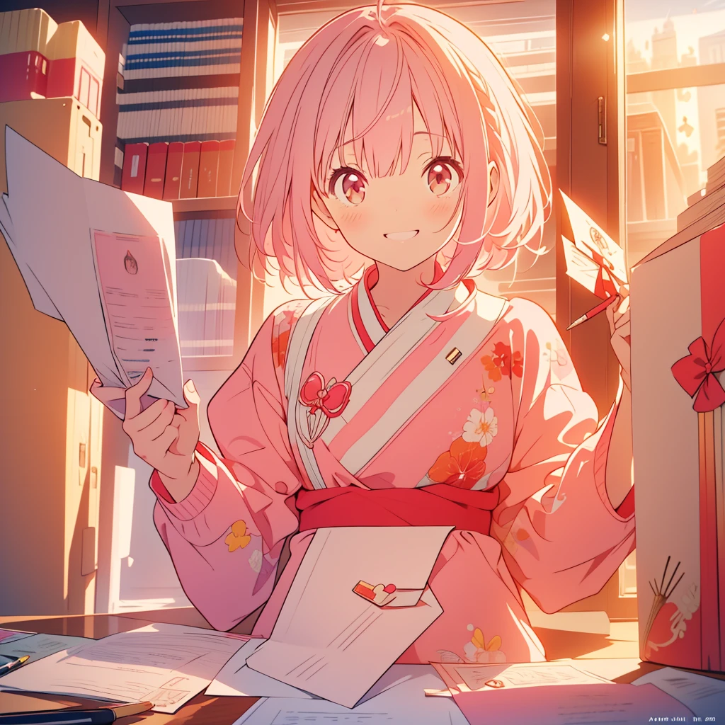 kawaii, anime, Cute, hyper quality, highly detailed, 8k, Clarity, Draw facial expressions in detail, Montbrezia, write a letter, library, envelope, A young girl with short light pink hair and scarlet eyes., air mail, smile, soft sunlight, highlight on eyes, 