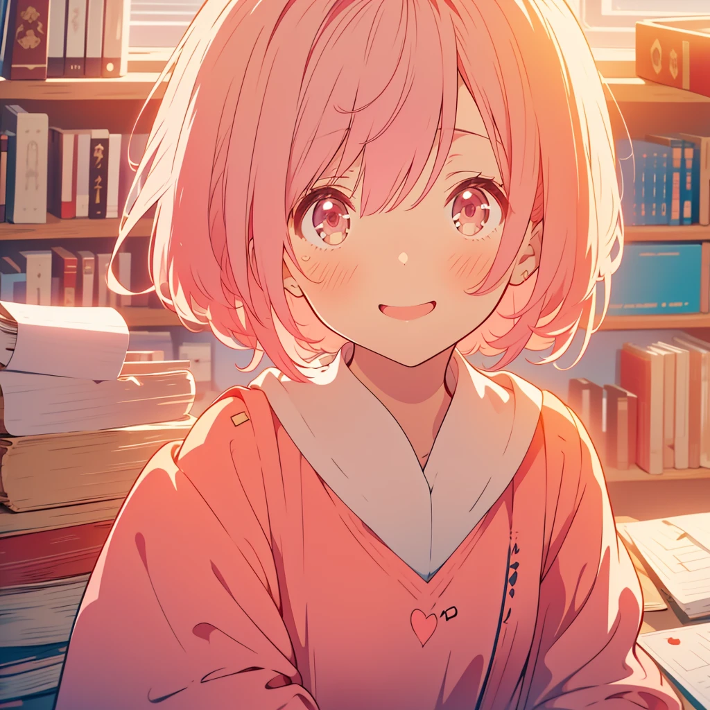 kawaii, anime, Cute, hyper quality, highly detailed, 8k, Clarity, Draw facial expressions in detail, Montbrezia, write a letter, library, envelope, A young girl with short light pink hair and scarlet eyes., air mail, smile, soft sunlight, highlight on eyes, 