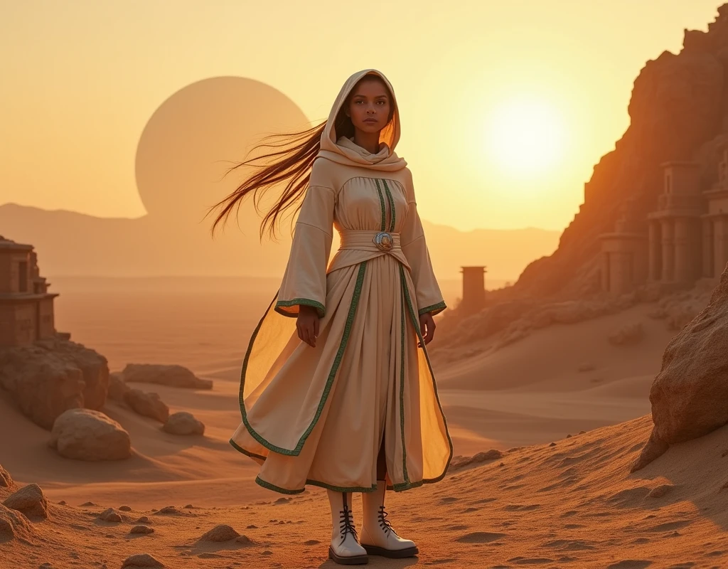 Haute qualité HD 8K, view from above from bottom to top, female alien,  Togruta species, jedi outfit, long white dress, green edging and seams, white leather belt with silver buckle, with hooded poncho, white doc martens style boot, planète desrtique, ancient temple remains, immense planète saturne dans ciel, rising sun.