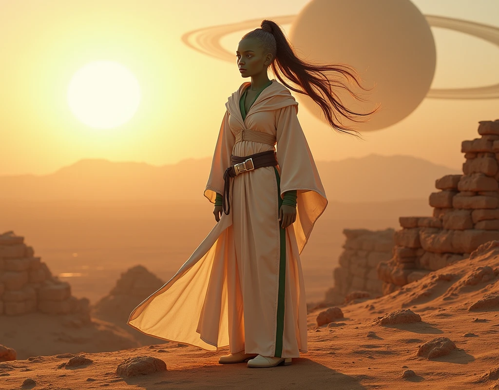 Haute qualité HD 8K, view from above from bottom to top, female alien,  Togruta species, jedi outfit, long white dress, green edging and seams, white leather belt with silver buckle, with hooded poncho, white doc martens style boot, planète desrtique, ancient temple remains, immense planète saturne dans ciel, rising sun.