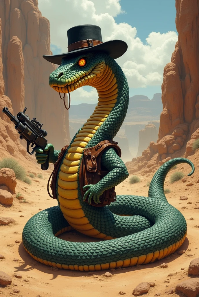 A Rattlesnake wearing a black hat, wrapped in ammunition holsters, and at the tip of the tail where the rattle would be there is a minigun attached to it as part of the tail. Use Jake Rattlesnake from the animation Rango as a reference. I would like the art in a fantasy RPG style, in the old west.