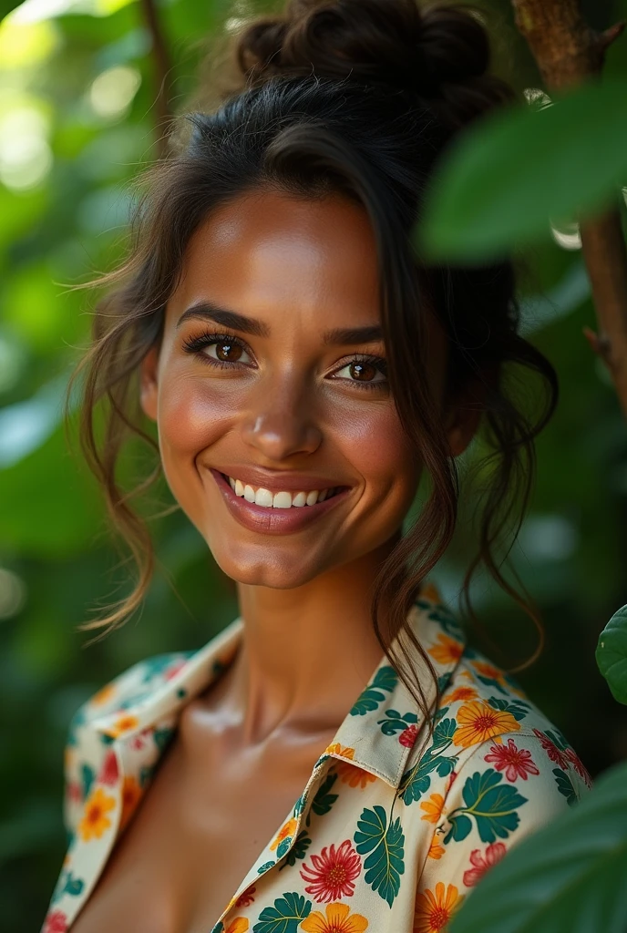 A Brazilian woman in a lush tropical garden, wearing an open shirt with a floral print, with a close-up capturing the harmonious beauty between her breasts and the natural flowers, showing off your natural charm and outgoing personality.
