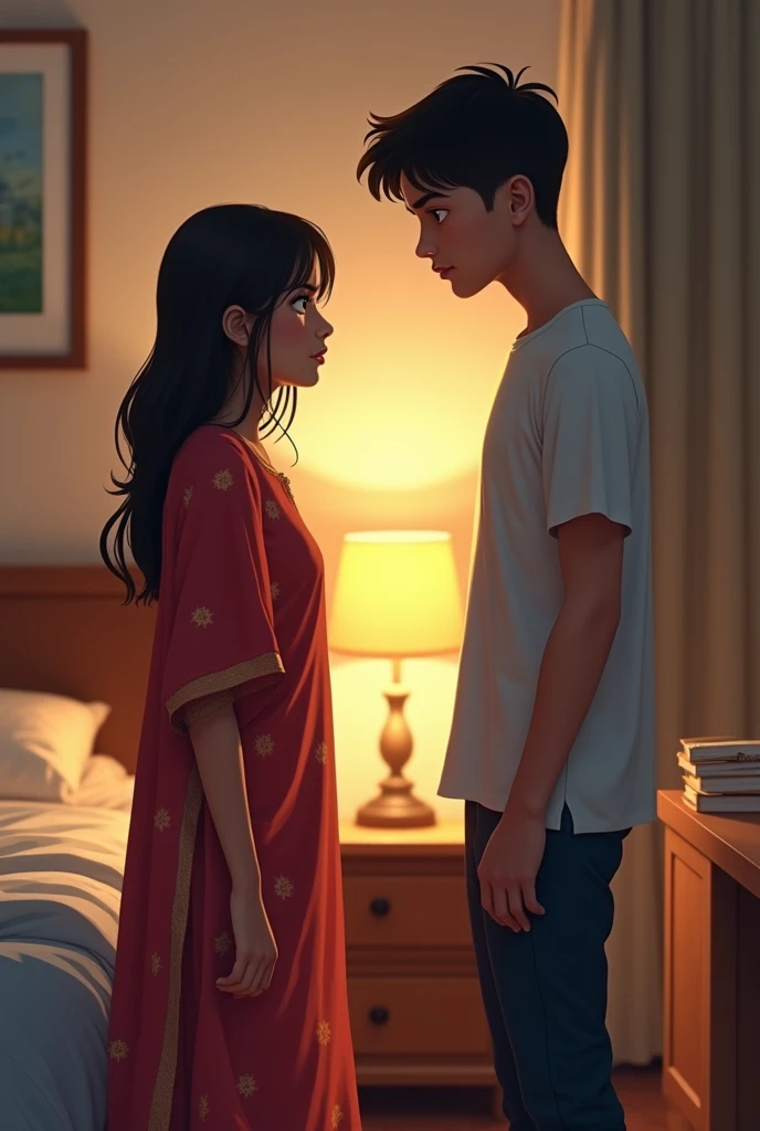 A girl at distance looking at a boy, they are asian, girl wear salwar kamij, and boy t-shirt and pant,they are in a boy room where there is a bed, a lamp, a reading table where job boos kept, the girl is crying, they are like human