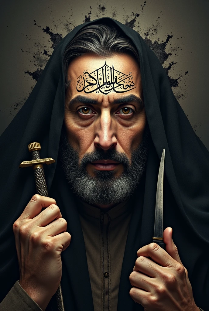 An approximate picture of the face  of the poet Abu al-Tayeb al-Mutnabi written inside the face in arabic language in an amazing writes  and night and the hands and the sword, splash, pitch and pencil