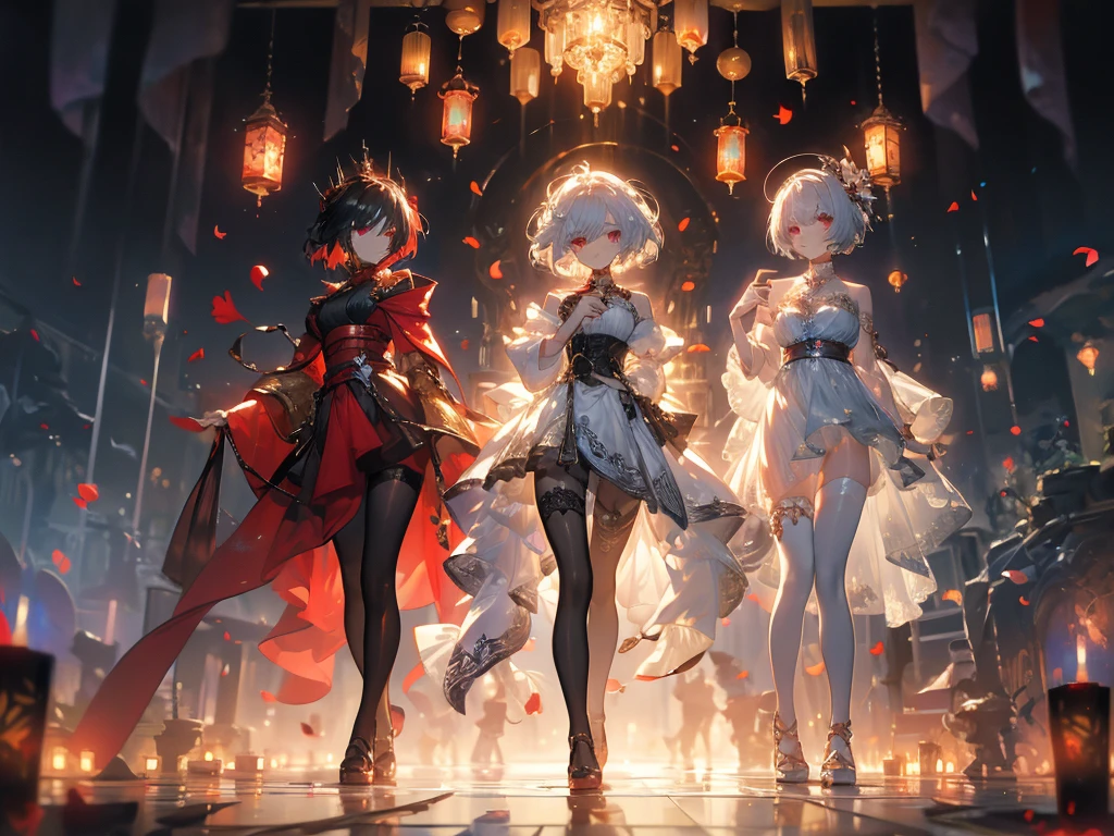 ((masterpiece, best quality)), Epic battlefield atmosphere,Ashes Paradise,A display of fireworks and a sea of lanterns,Silver Bell Ice Heart,Magician,Flame Surround,spark,Petals falling,A meticulous face,Standing image,Perfect body proportions,Long legs,Stylish short hair,Beautiful red eyes,Fantasy style,White background,transparent,Sexy,Lace,Pantyhose