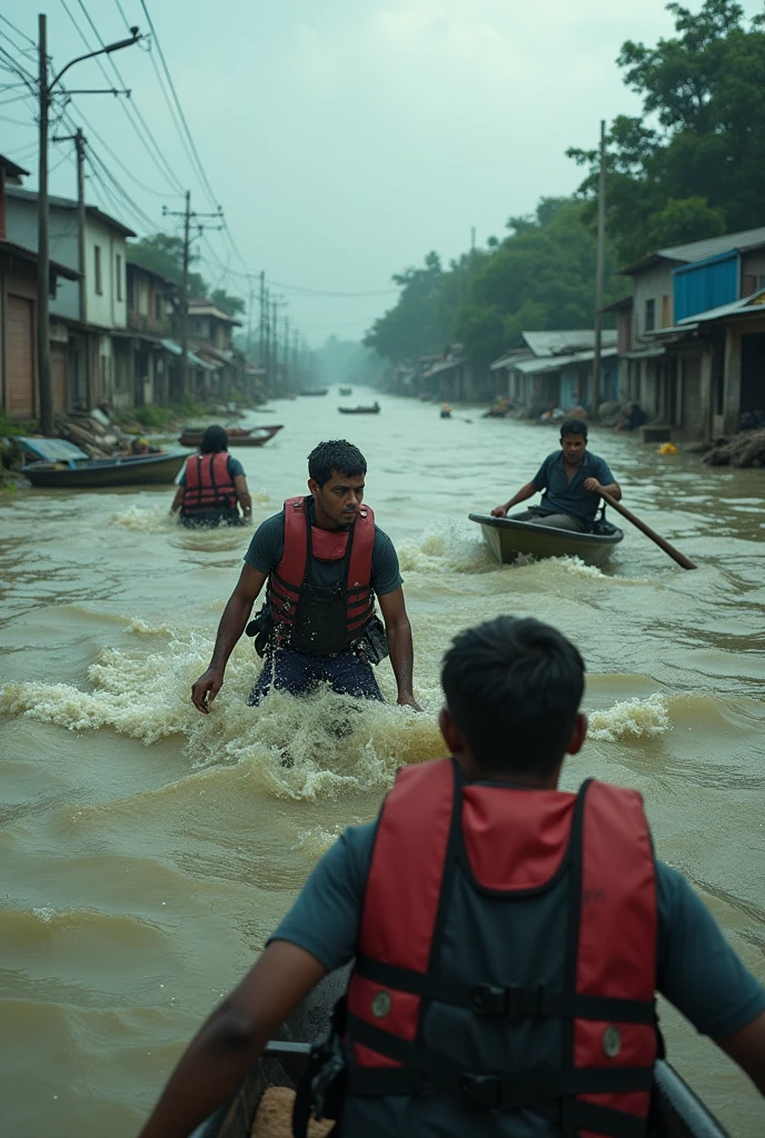 Flood in Bangladesh with over waterflow and sinking some peoples with crying and some peoples are trying to help them with boat