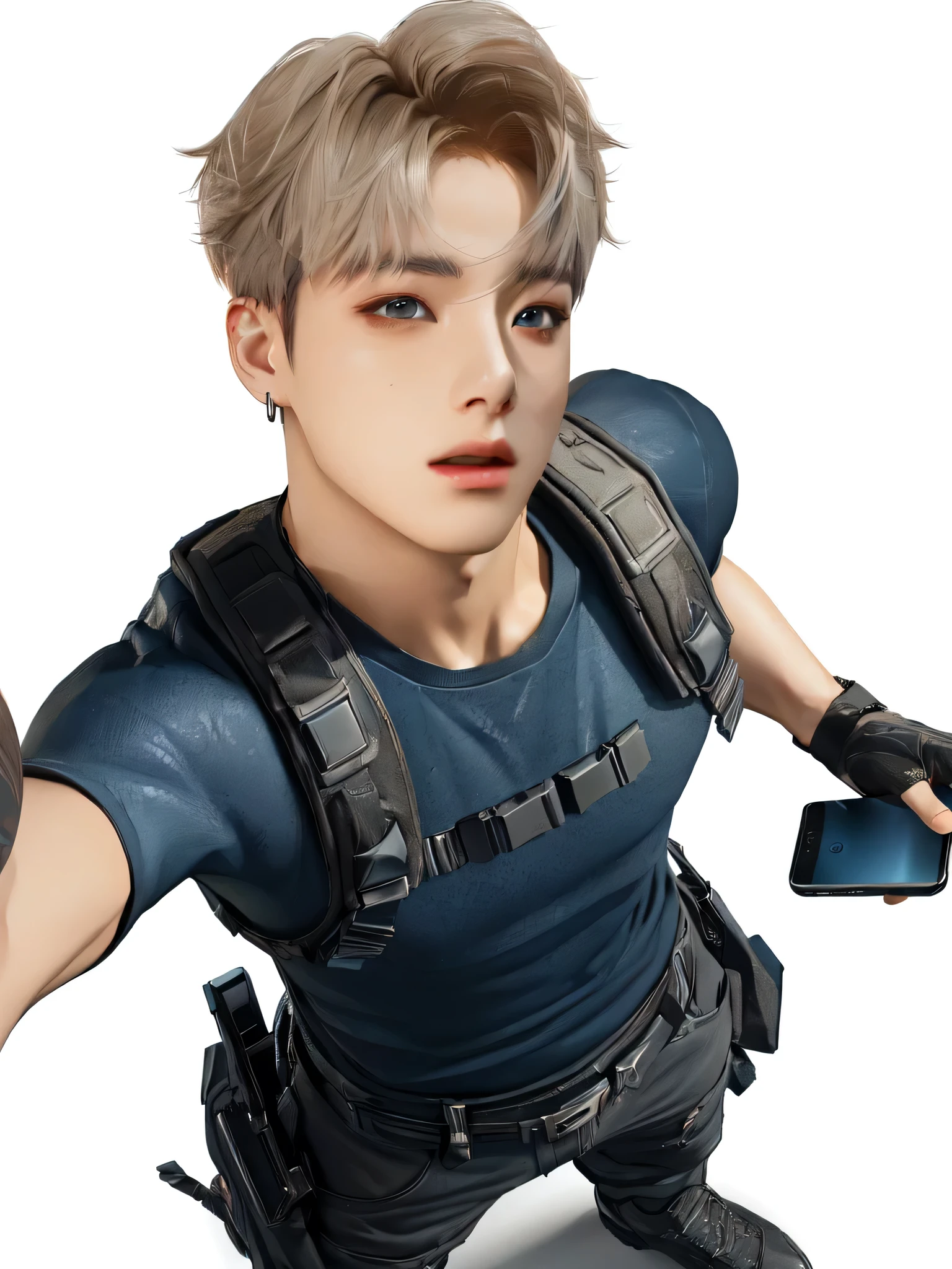 arafed image of a man with a cell phone in his hand, jungkook, cai xukun, jimin, 3 d render of jerma 9 8 5, park jimin, video game character, 3d character realistic, realistic anime 3 d style, 2 d cg, as a character in tekken, high quality fanart, inspired by Wuzhun Shifan