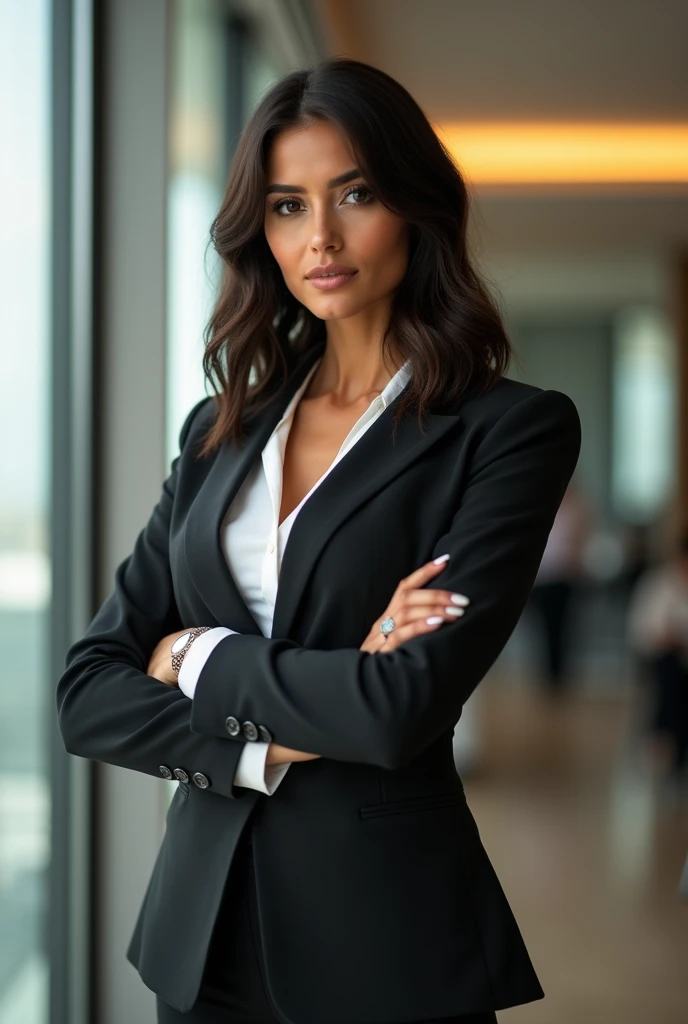 A Brazilian woman, exuberante, in a business room, businesswoman's way in different business situations.