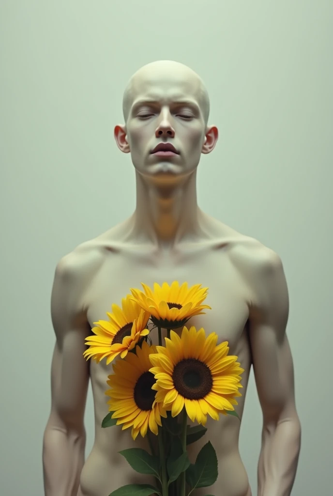A Adult Boy without eyes,nose,ears and lips. Standing  holding a bouquet of sunflowers 