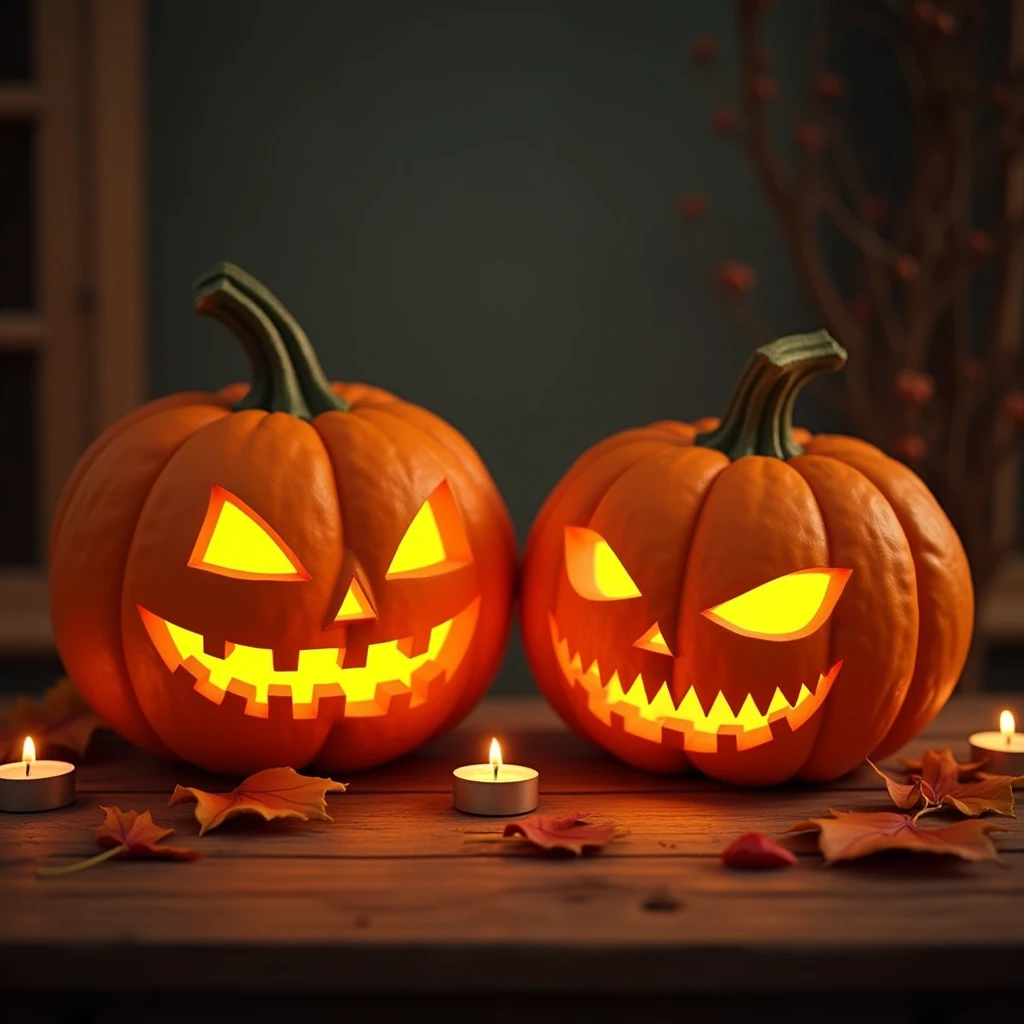 "A charming Halloween scene featuring two large, vividly orange pumpkins placed side by side. Each pumpkin is intricately carved with unique, expressive faces. The first pumpkin has a playful, mischievous grin with exaggerated, triangular eyes and a wiggly, toothy smile. The second pumpkin has a more sinister look, with deep-set, narrow eyes and a jagged, frowning mouth that gives it an eerie, menacing appearance. Both pumpkins are glowing warmly from within, with their light casting a soft, orange glow that illuminates the intricate details of the carvings. The pumpkins are set on a rustic wooden table, surrounded by scattered autumn leaves and small, flickering tealight candles for added ambiance. The background is a soft, dark gradient that makes the pumpkins’ glow stand out, adding to the Halloween atmosphere. The overall scene is warm, inviting, and captures the festive spirit of Halloween with a touch of both whimsy and spookiness."