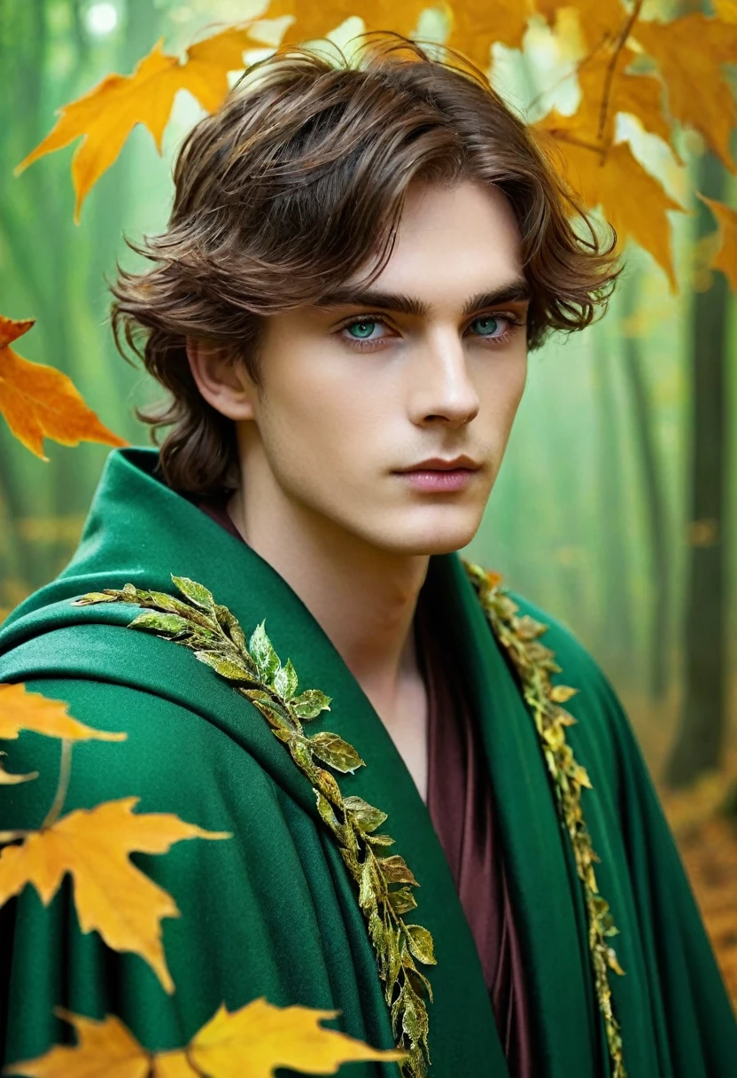 A boy who is a king may have His hair is a cascade of golden hues, copper and reddish, like a forest in the middle of autumn. His skin is pale, with a slight golden tint, as if always bathed in the soft light of the setting sun. His eyes are a deep emerald green., framed by long dark eyelashes, and they reflect the serenity and sadness of the season it represents.. He wears robes made of intertwined leaves that change color as the seasons progress., and always wears a cape that seems to be made of autumn mist, ethereal and changing.