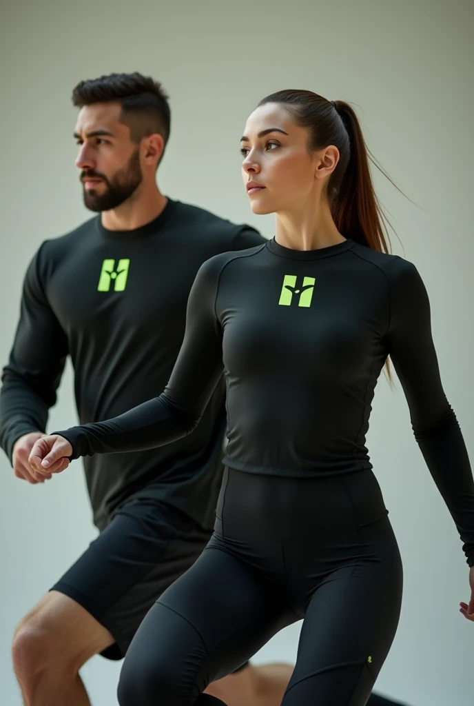 Image of man and woman exercising in black long sleeve sportswear with lime green H logo