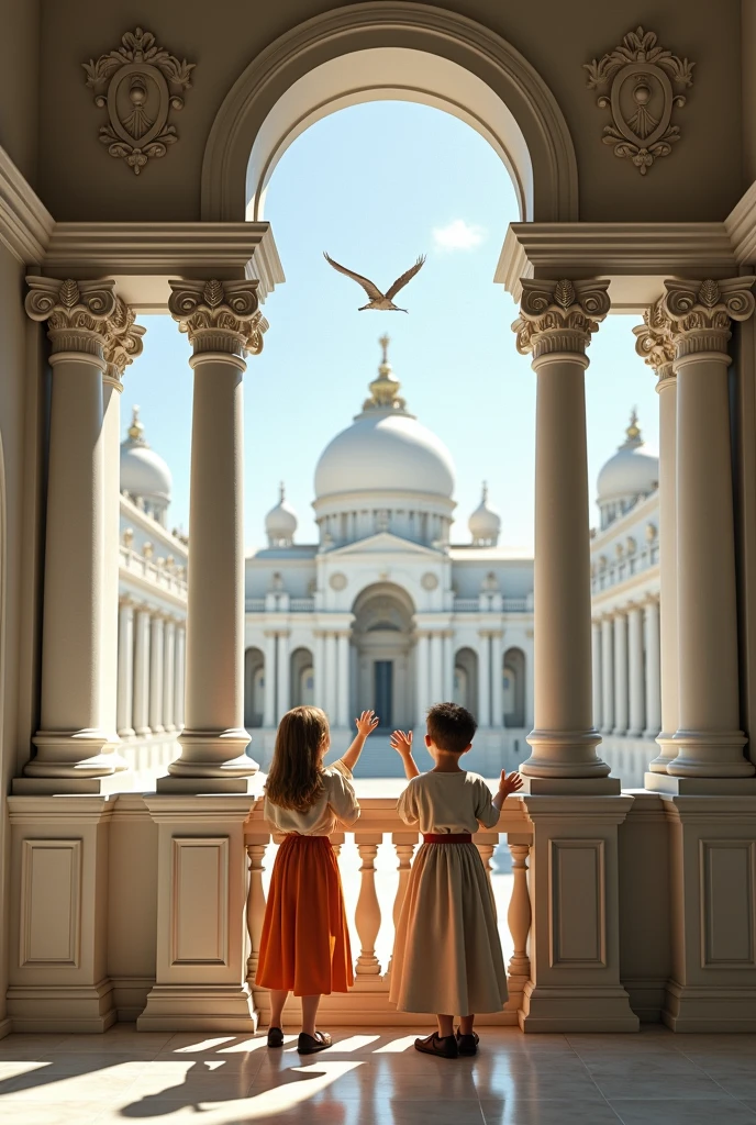 kids at balcony; pillars with vaulte arch; front view; with dress; caravaggio painting; white architecture; kids trying to get the birds at the top of guard; hight quality face; back of the kids; super realism